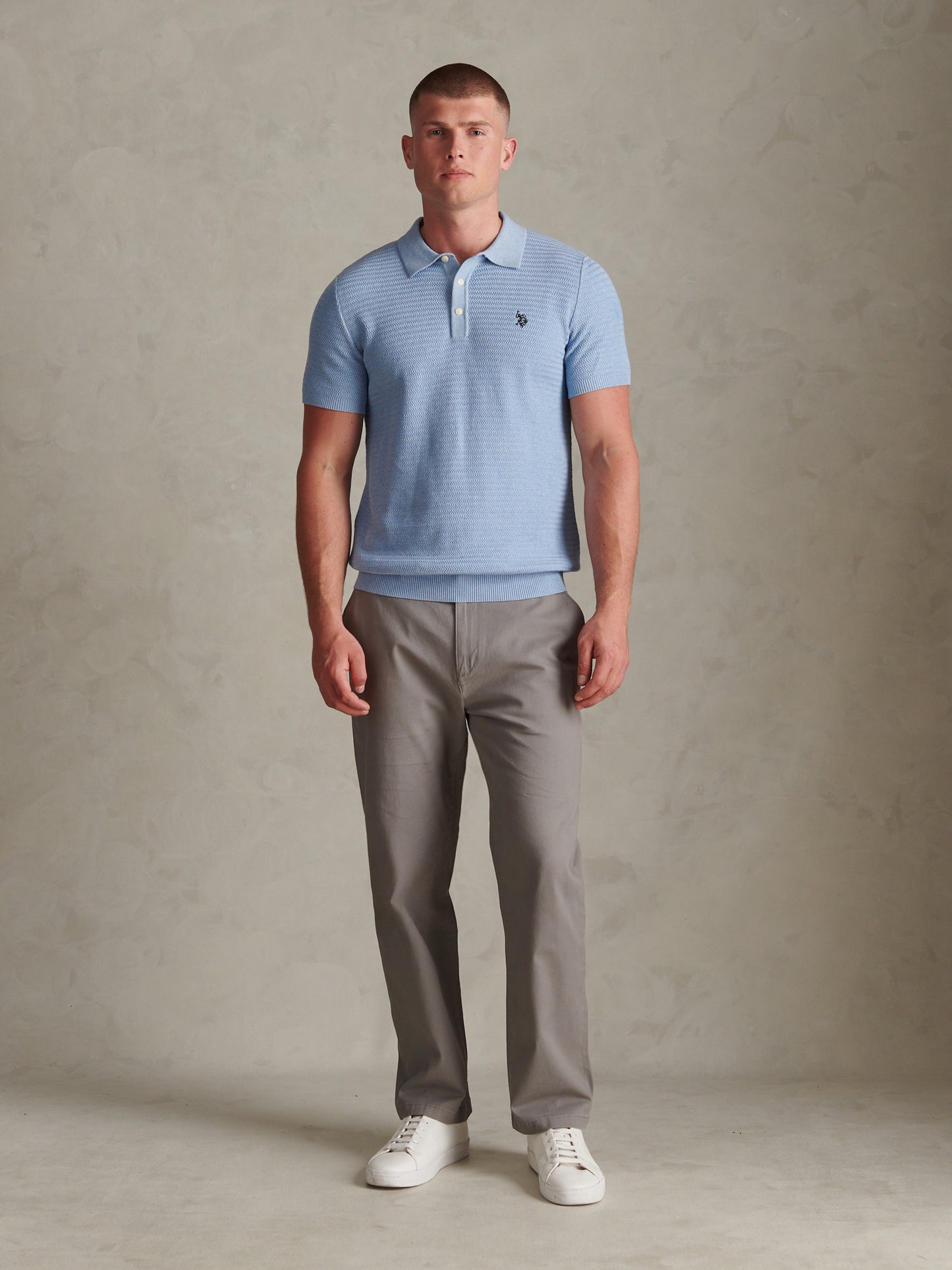 Mens Herringbone Texture Knit Polo Shirt Parisian Blue Marl