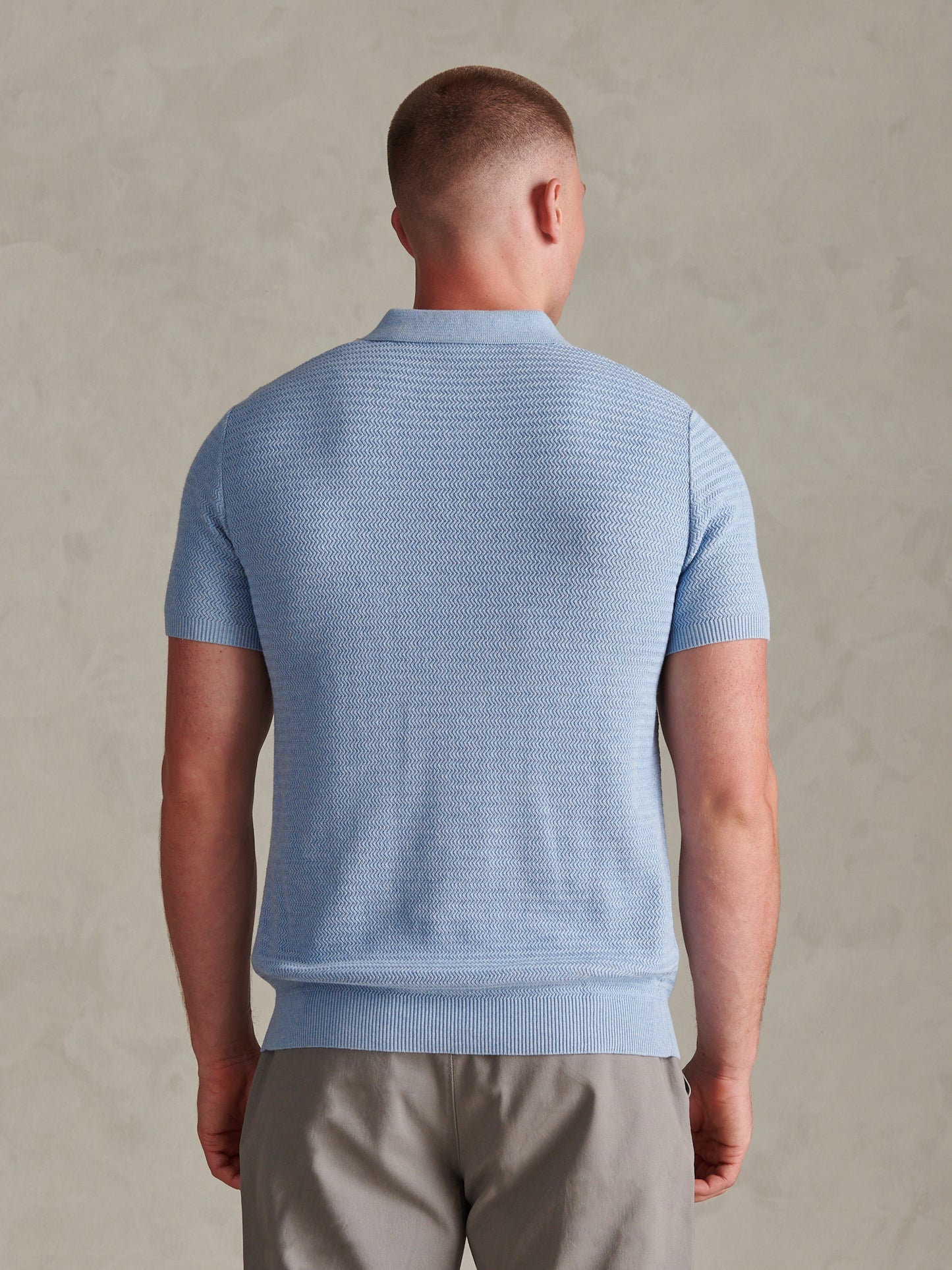 Mens Herringbone Texture Knit Polo Shirt Parisian Blue Marl
