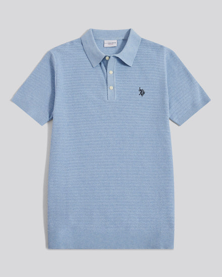 Mens Herringbone Texture Knit Polo Shirt Parisian Blue Marl