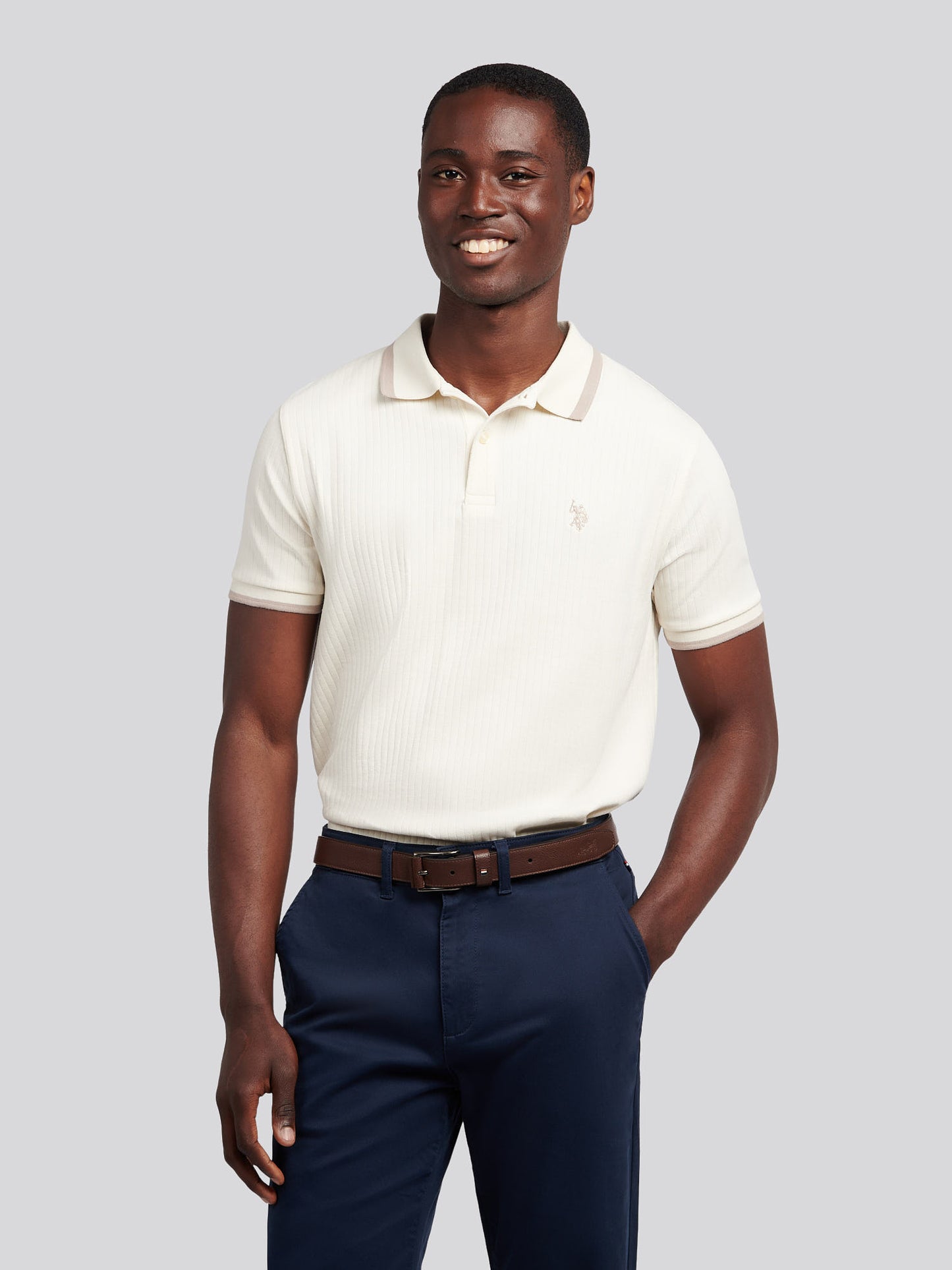 Mens Rib Texture Polo Shirt in Whisper White