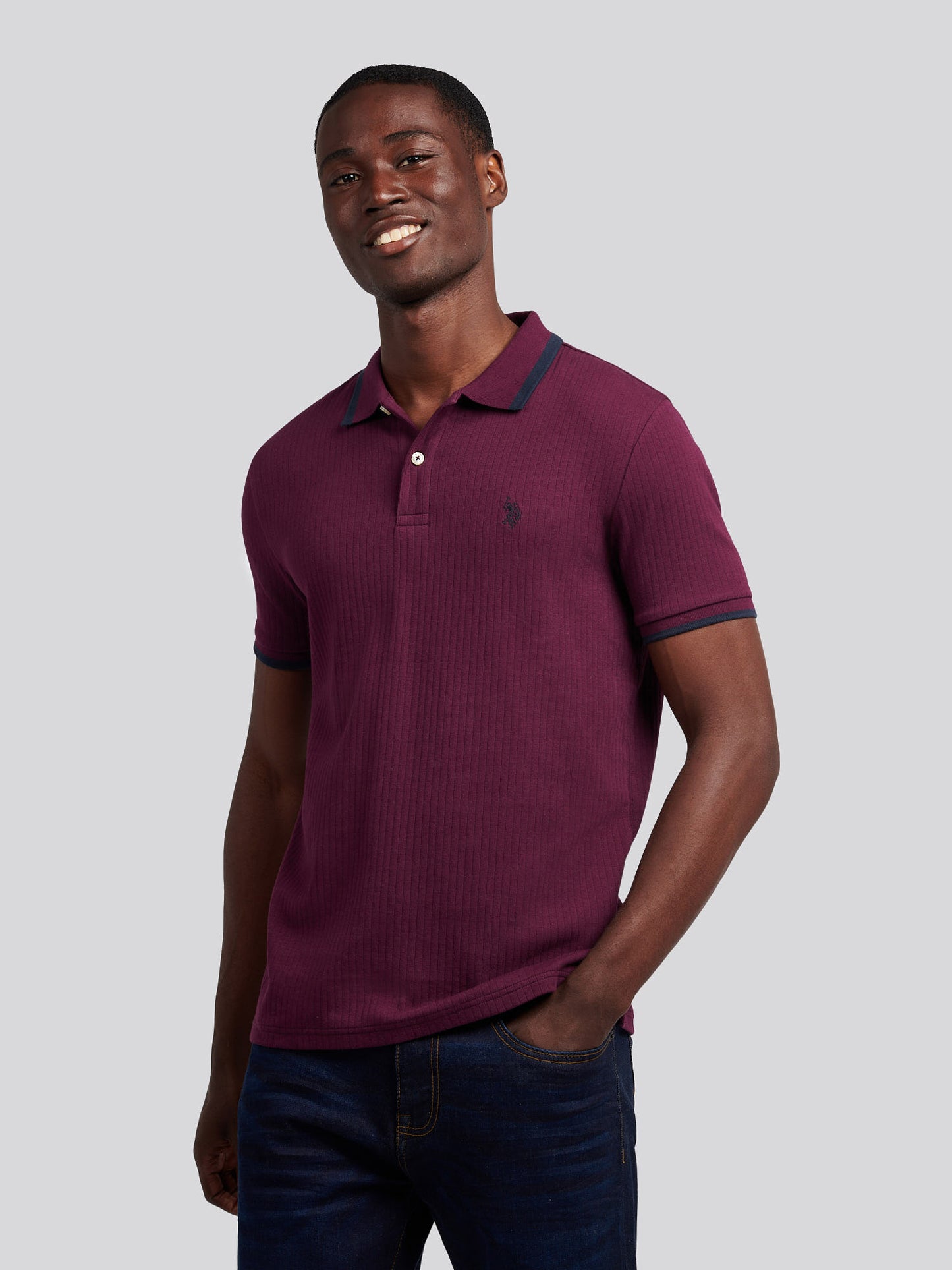 Mens Rib Texture Polo Shirt in Grape Wine