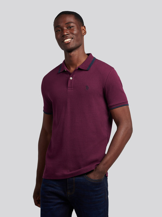 Mens Rib Texture Polo Shirt in Grape Wine