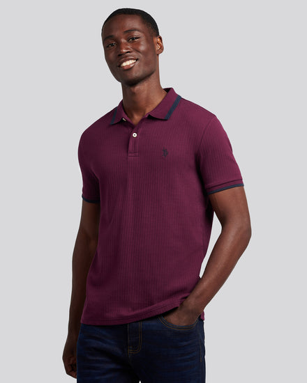 Mens Rib Texture Polo Shirt in Grape Wine