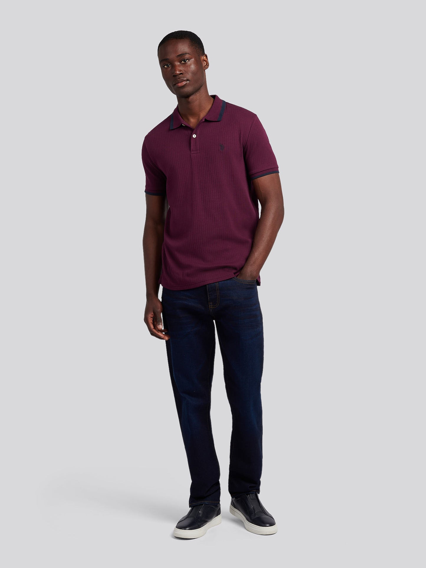 Mens Rib Texture Polo Shirt in Grape Wine
