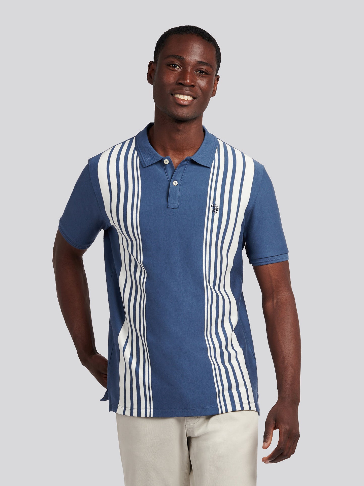 Mens Vertical Stripe Polo Shirt in Vintage Indigo