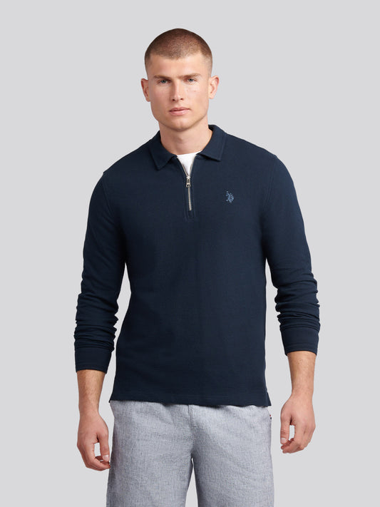 Mens Flat Pile Long Sleeve Polo Shirt in Dark Sapphire Navy / Moonlight Blue DHM