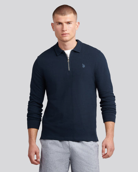 Mens Flat Pile Long Sleeve Polo Shirt in Dark Sapphire Navy / Moonlight Blue DHM