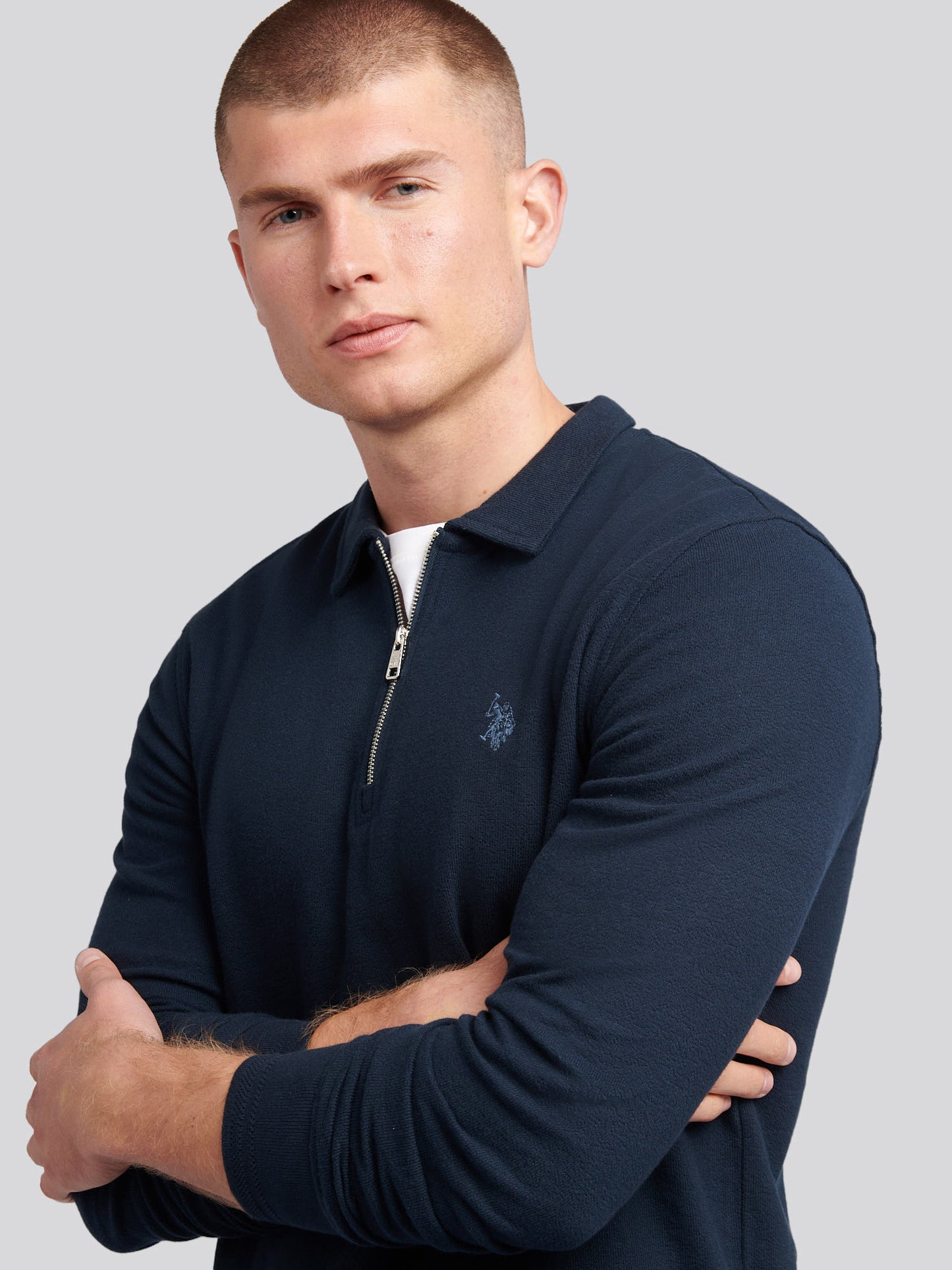 Mens Flat Pile Long Sleeve Polo Shirt in Dark Sapphire Navy / Moonlight Blue DHM