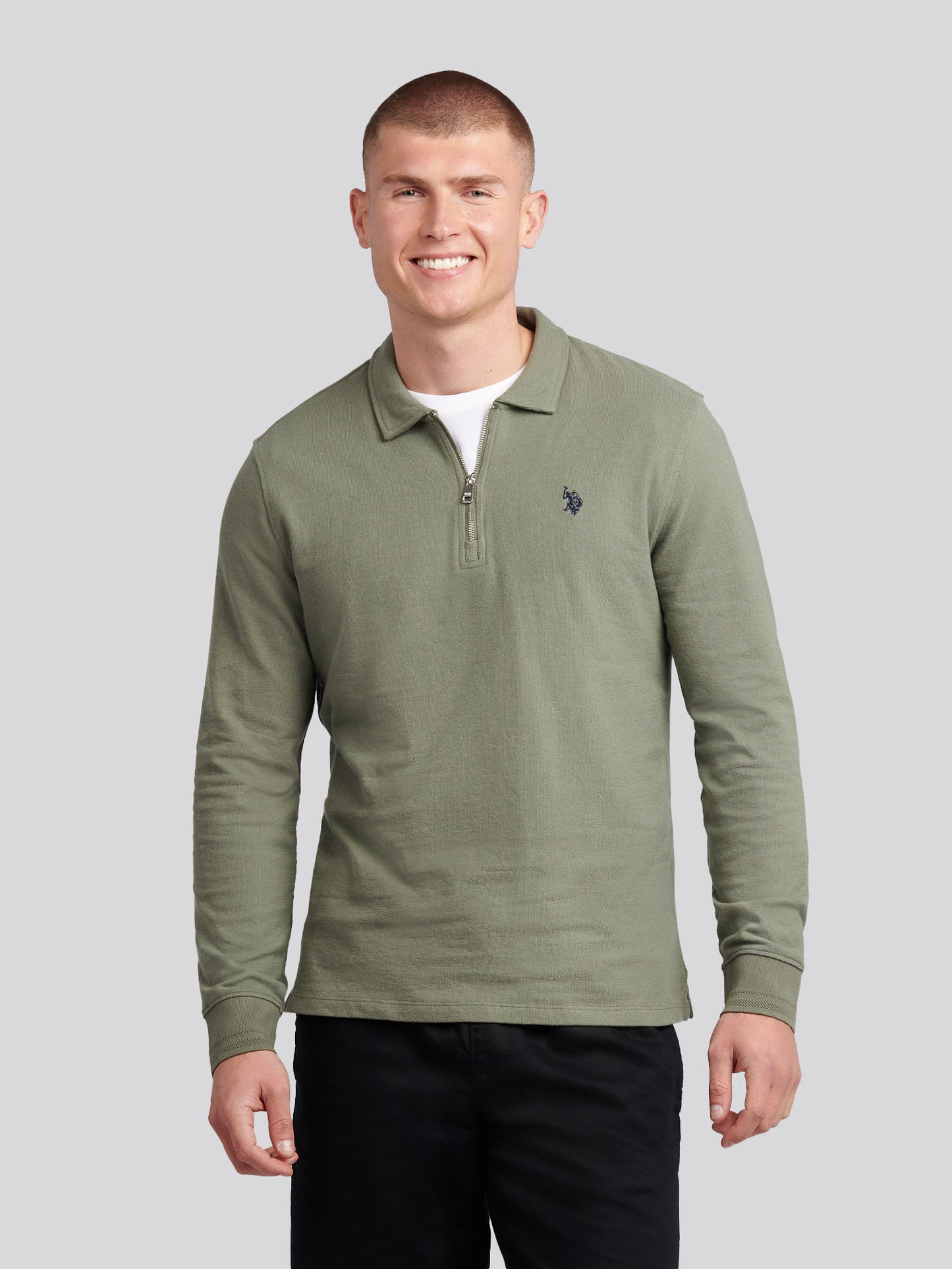 Mens Flat Pile Long Sleeve Polo Shirt in Mulled Basil