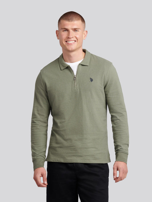 Mens Flat Pile Long Sleeve Polo Shirt in Mulled Basil