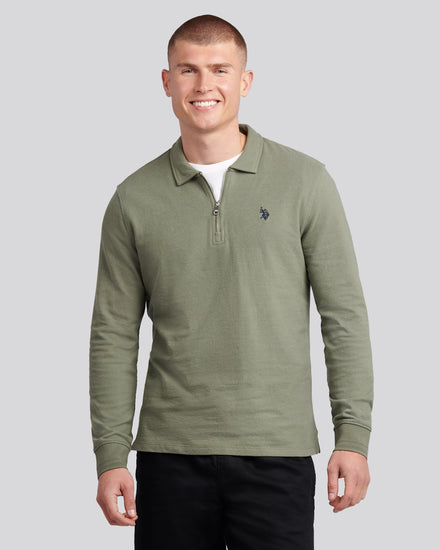 Mens Flat Pile Long Sleeve Polo Shirt in Mulled Basil