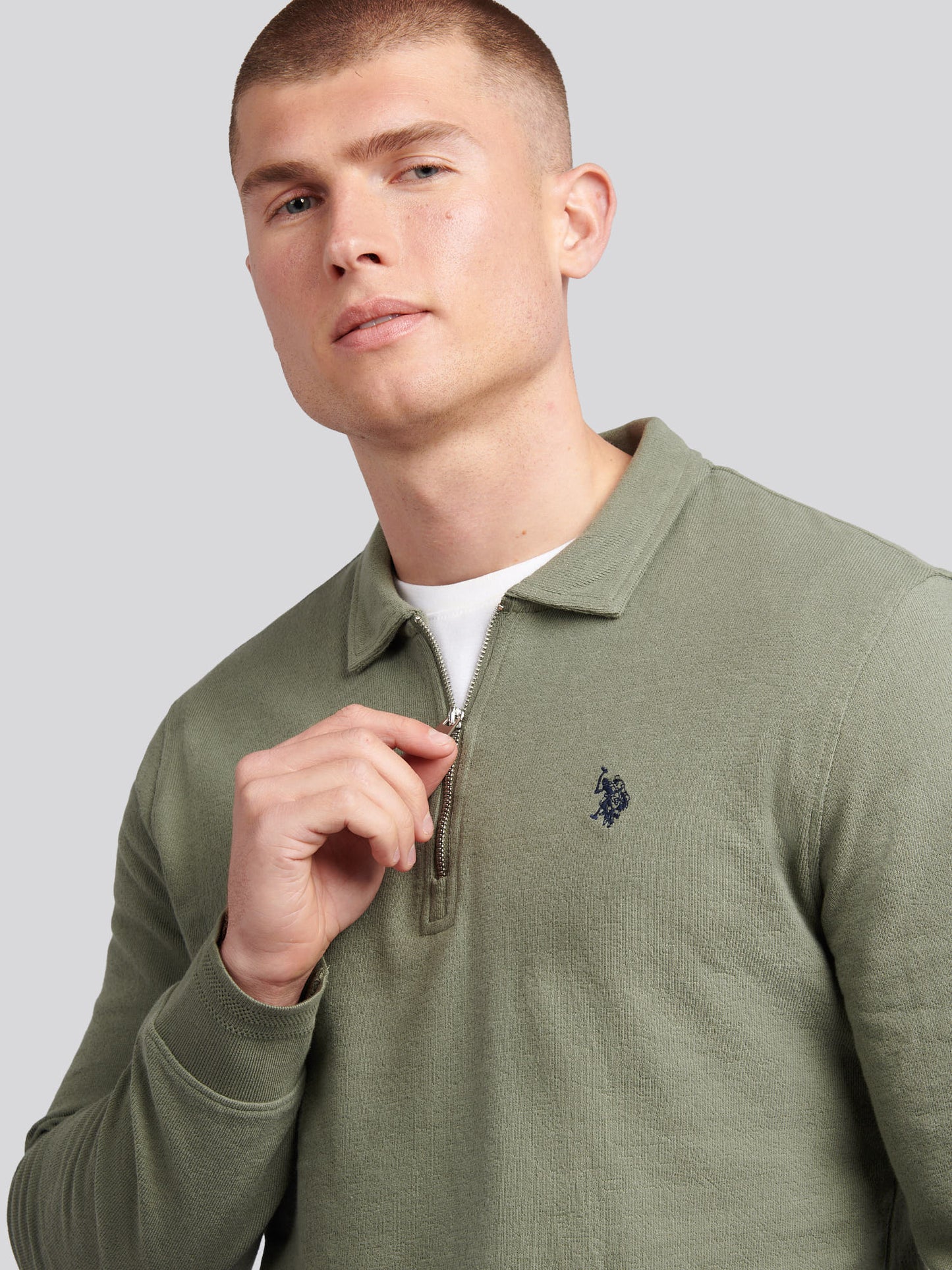Mens Flat Pile Long Sleeve Polo Shirt in Mulled Basil