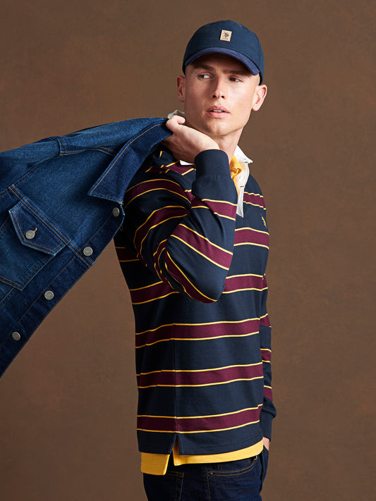 Mens Double Horsemen Stripe Rugby in Dark Sapphire Navy