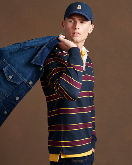 Mens Double Horsemen Stripe Rugby in Dark Sapphire Navy