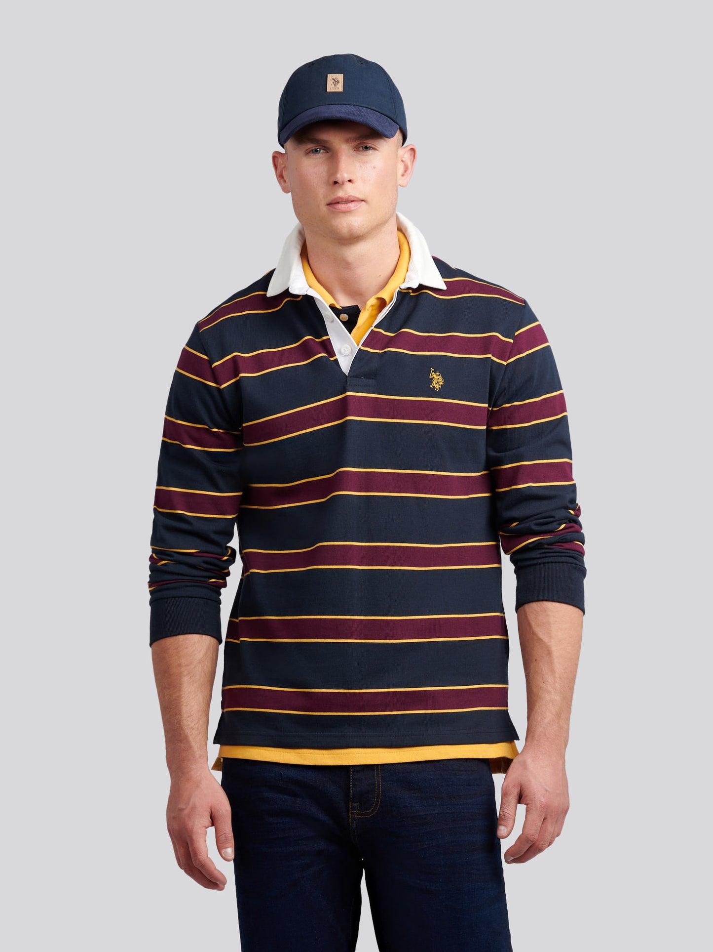 Mens Double Horsemen Stripe Rugby in Dark Sapphire Navy