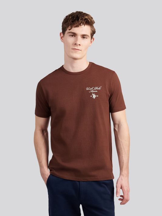 Mens Script Print Back Graphic T-Shirt in Chocolate Martini