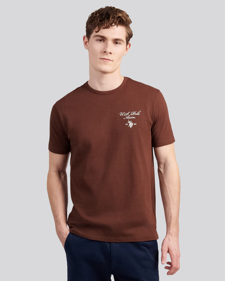 Mens Script Print Back Graphic T-Shirt in Chocolate Martini