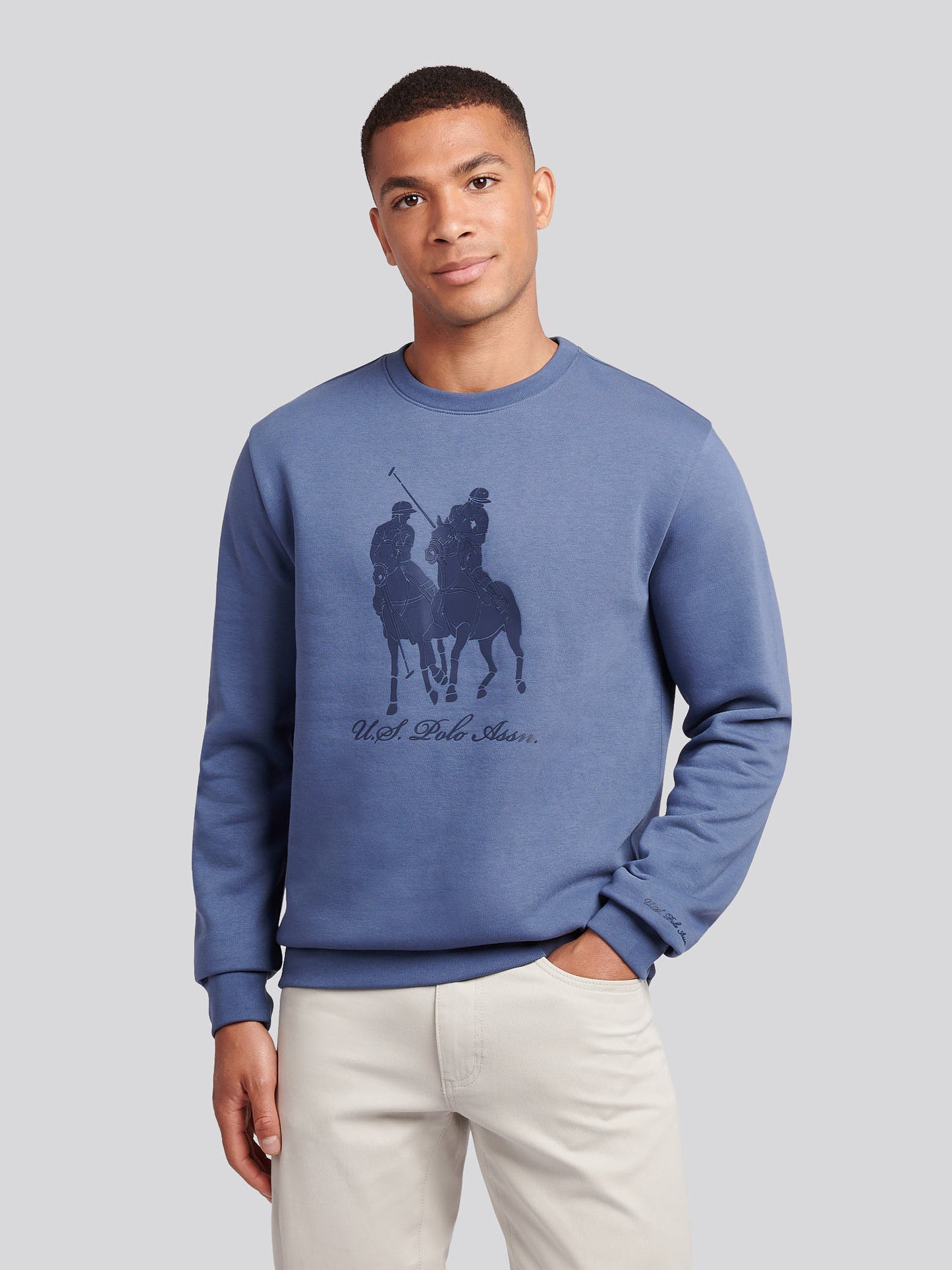 Mens Tonal Double Horsemen Print Crew in Vintage Indigo