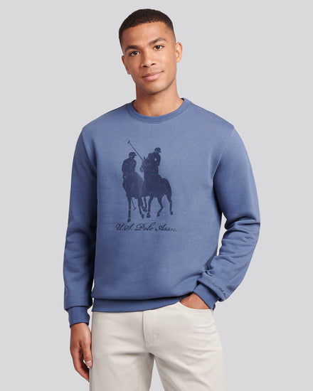 Mens Tonal Double Horsemen Print Crew in Vintage Indigo