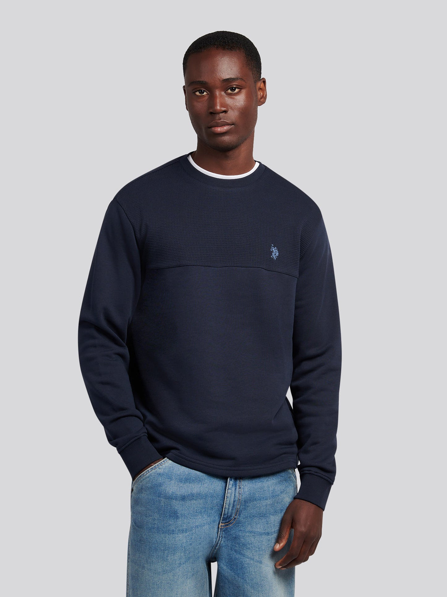 Mens Textured Cut & Sew Crew in Dark Sapphire Navy / Moonlight Blue DHM