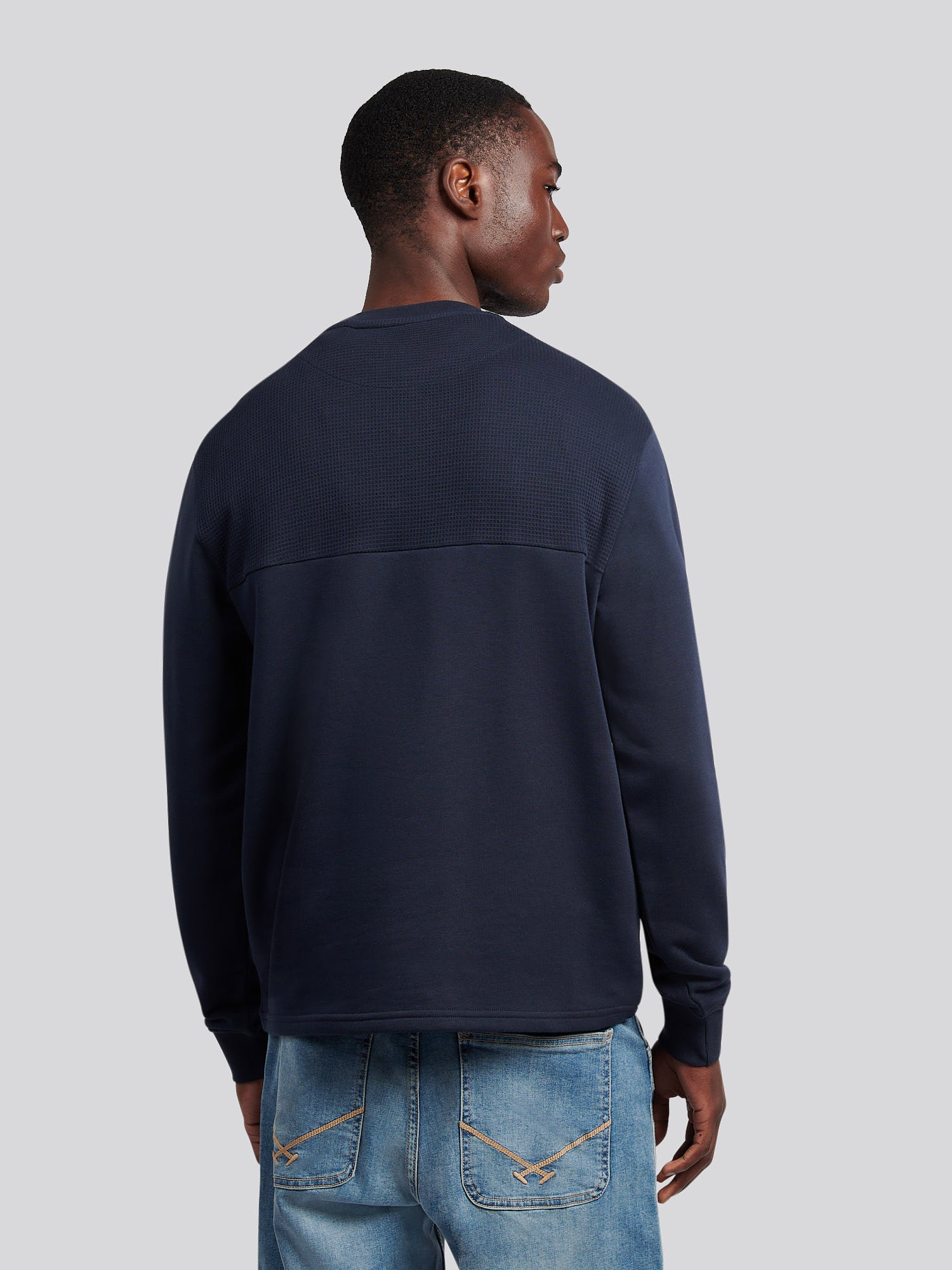 Mens Textured Cut & Sew Crew in Dark Sapphire Navy / Moonlight