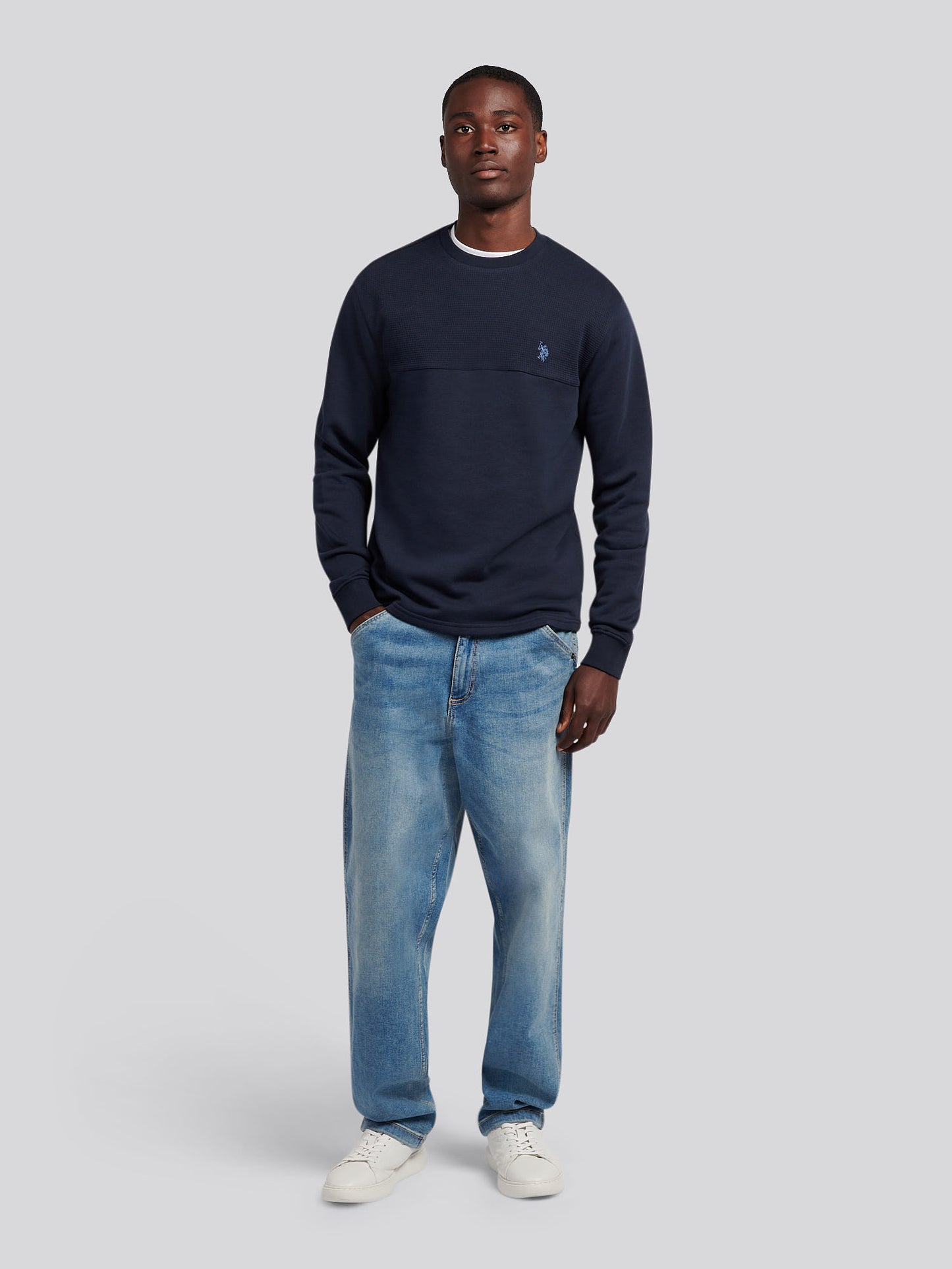 Mens Textured Cut & Sew Crew in Dark Sapphire Navy / Moonlight Blue DHM