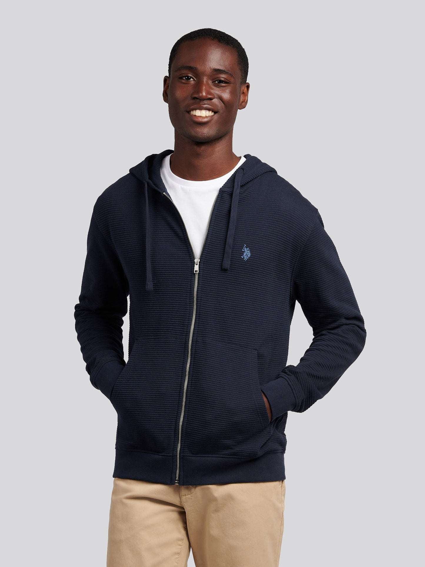 Mens Texture Zip Through Hood in Dark Sapphire Navy / Moonlight Blue DHM