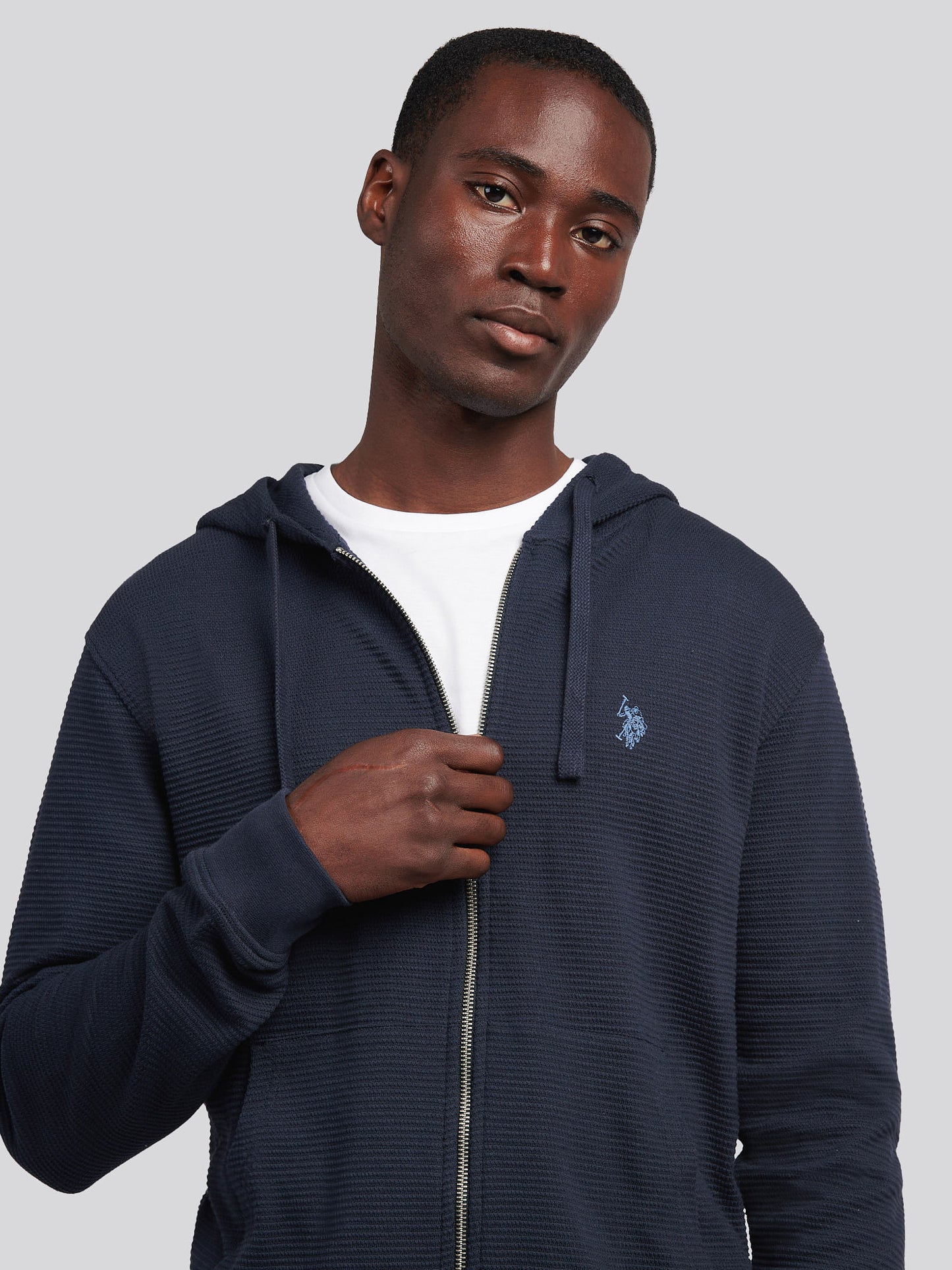 Mens Texture Zip Through Hood in Dark Sapphire Navy / Moonlight Blue DHM