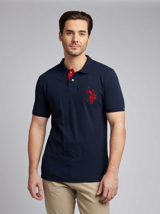 Mens Large Player Pique Polo Shirt in Dark Sapphire Navy / Haute Red DHM