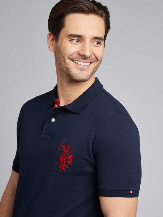 Mens Large Player Pique Polo Shirt in Dark Sapphire Navy / Haute Red DHM