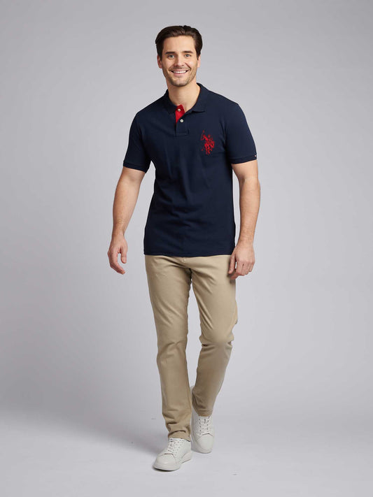 Mens Large Player Pique Polo Shirt in Dark Sapphire Navy / Haute Red DHM