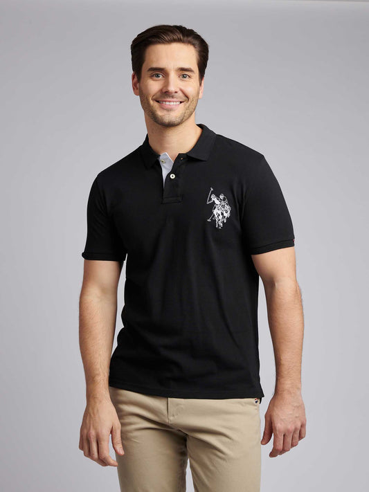 Mens Large Player Pique Polo Shirt in Black Bright White DHM