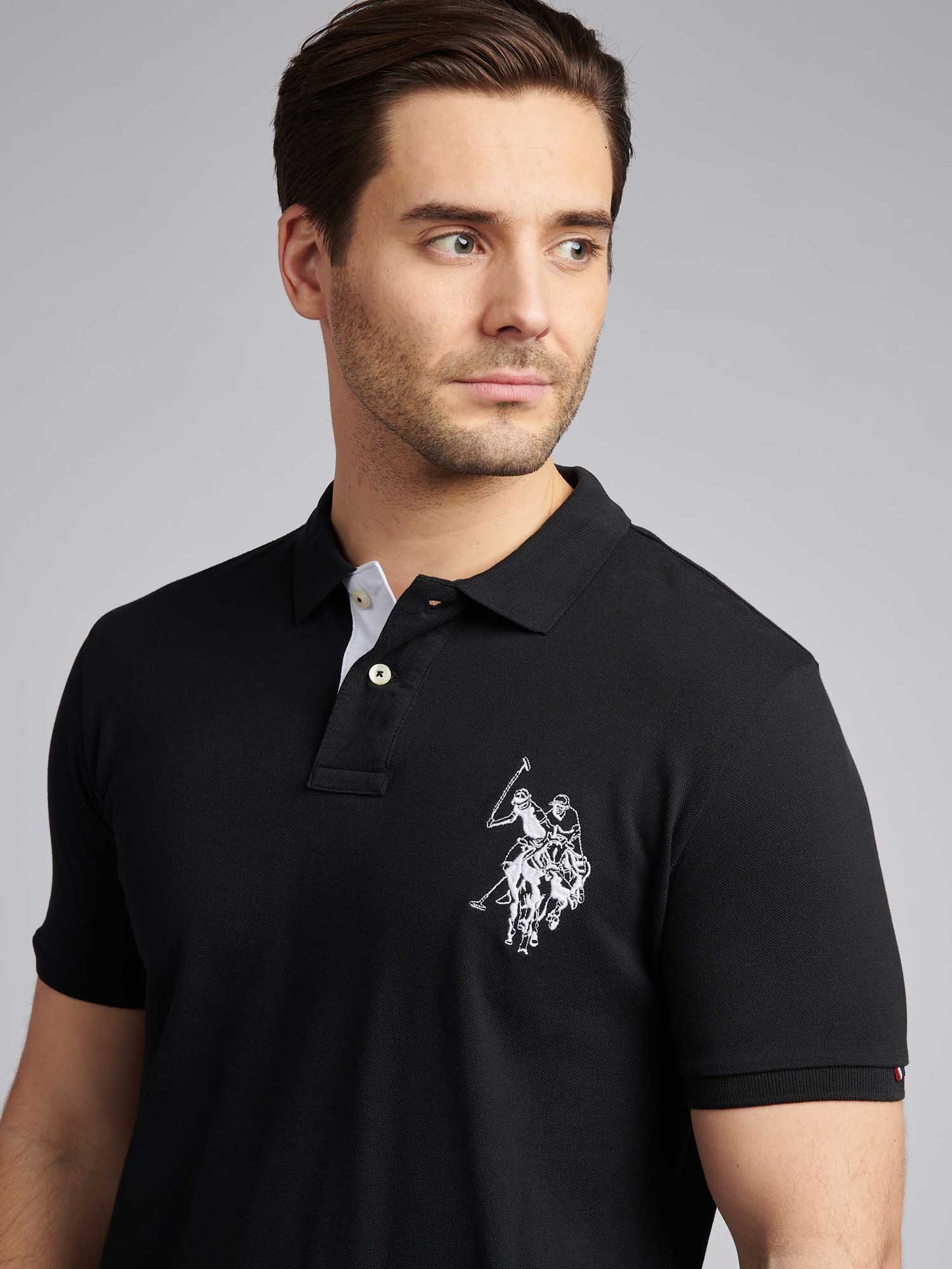 Mens Large Player Pique Polo Shirt in Black Bright White DHM