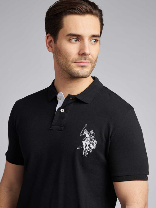 Mens Large Player Pique Polo Shirt in Black Bright White DHM