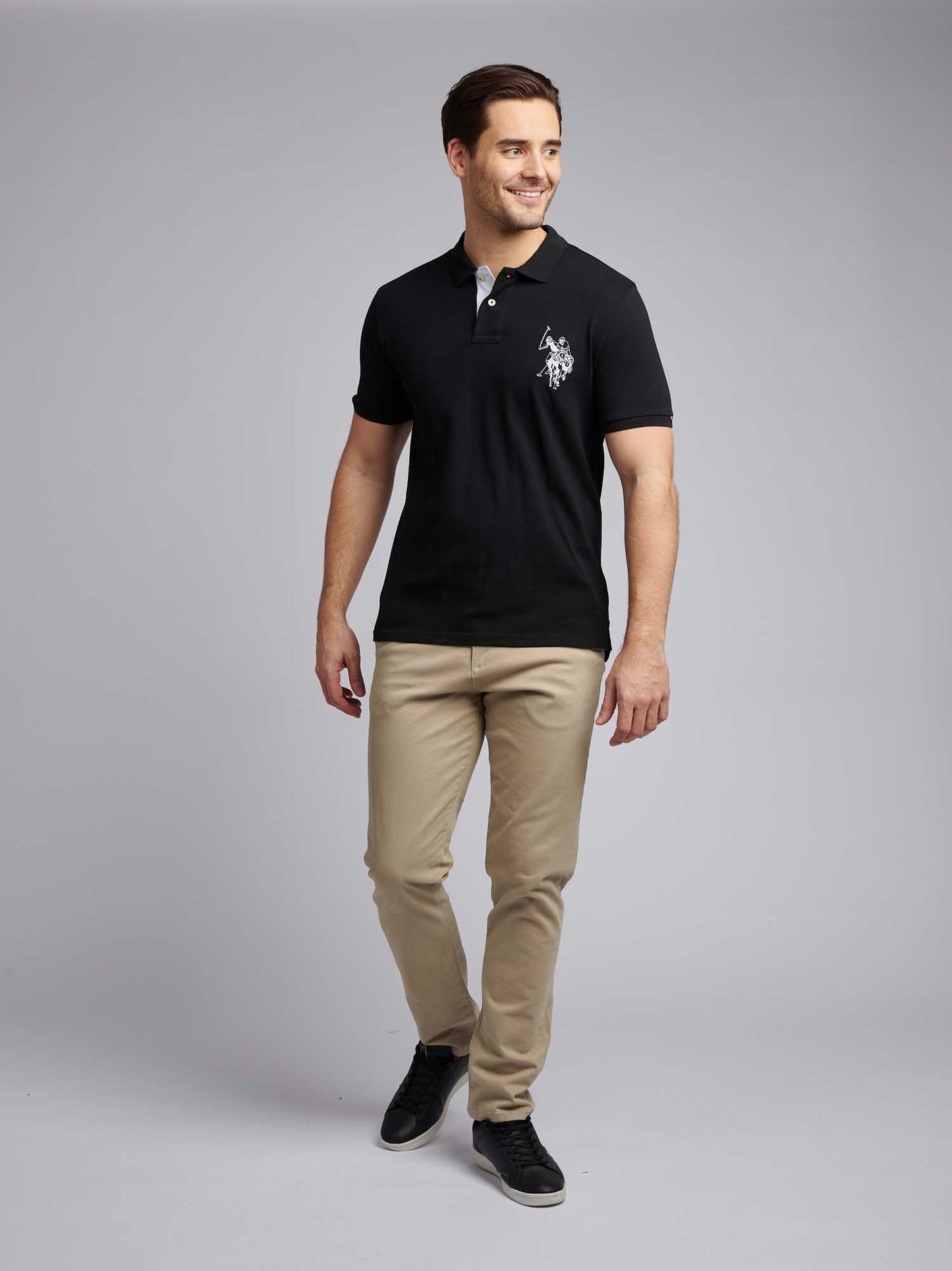 Mens Large Player Pique Polo Shirt in Black Bright White DHM