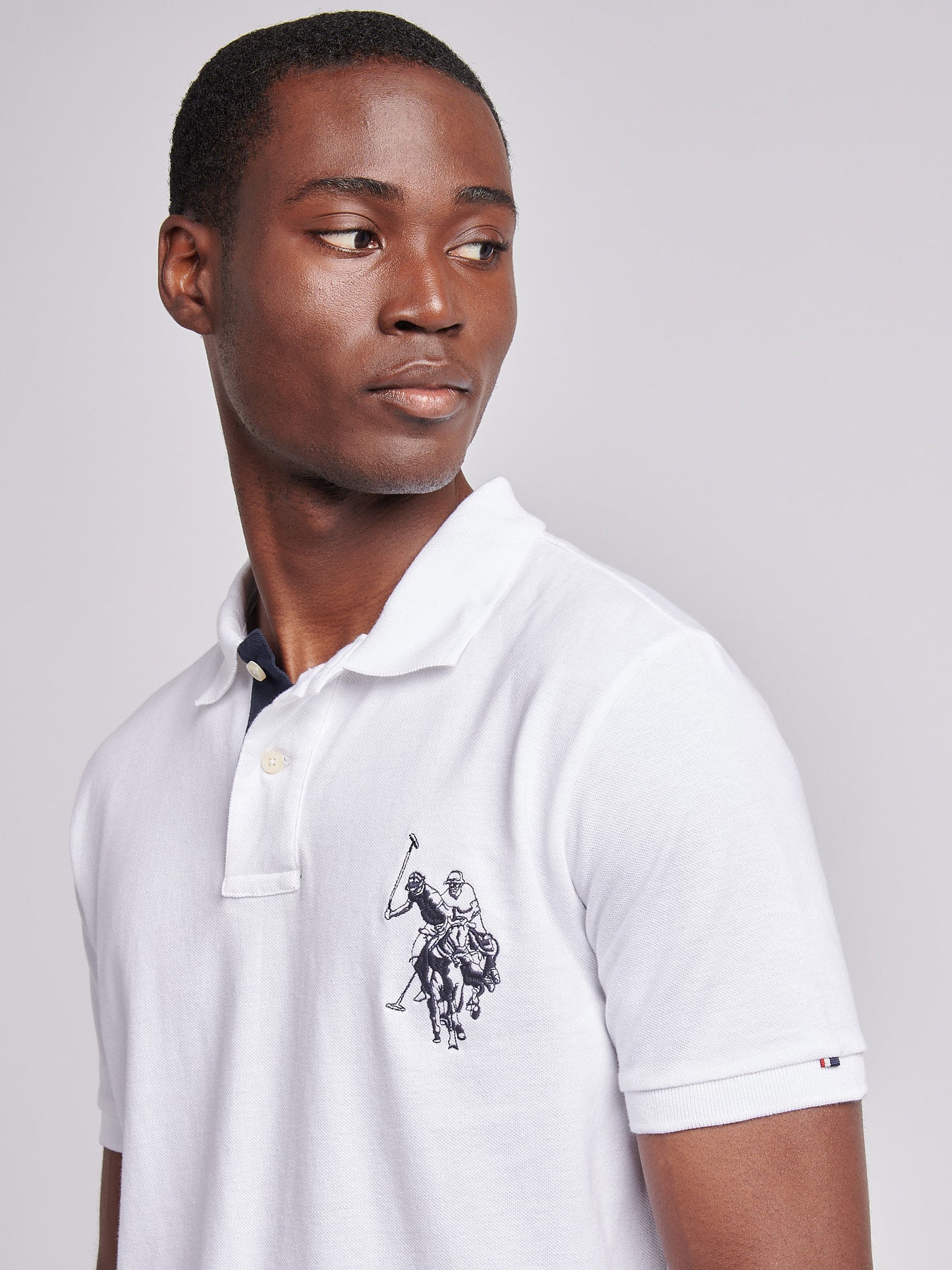 Mens Large Player Pique Polo Shirt in White / Dark Sapphire Navy DHM