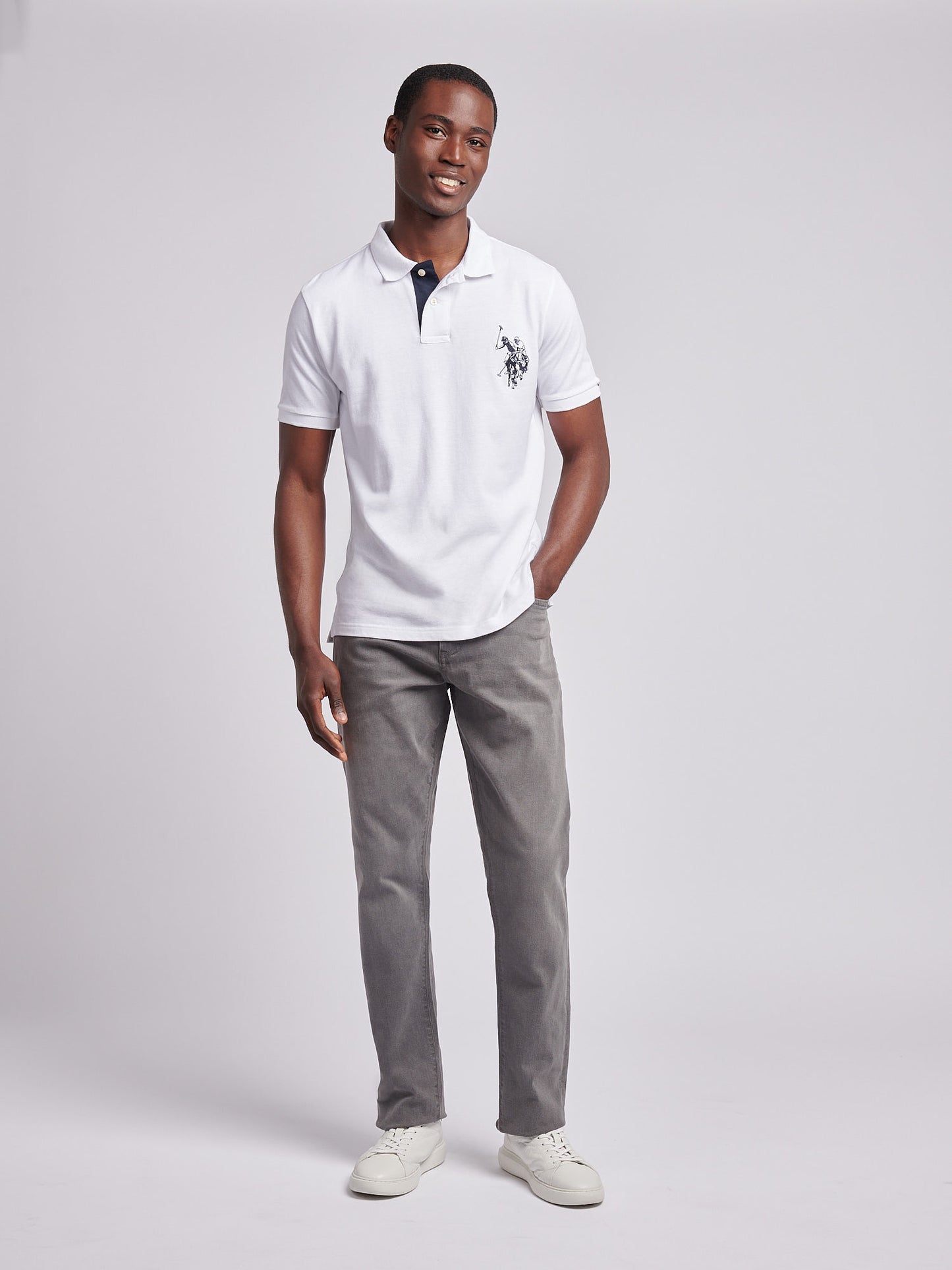 Mens Large Player Pique Polo Shirt in White / Dark Sapphire Navy DHM