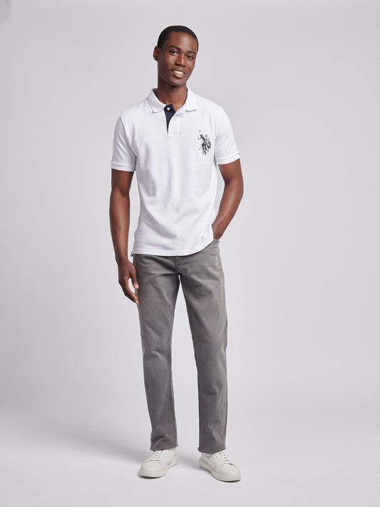 Mens Large Player Pique Polo Shirt in White / Dark Sapphire Navy DHM