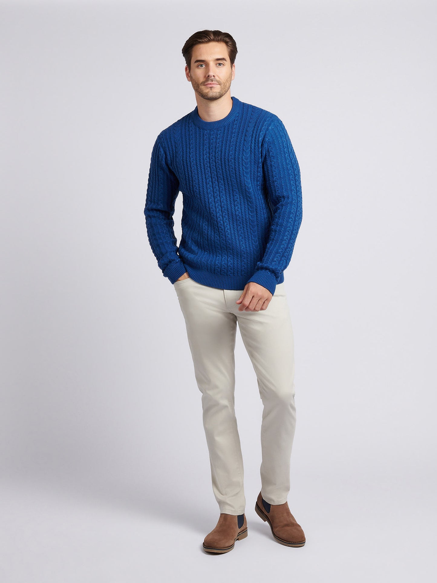 Mens Aran Knit Crew in Navy Peony