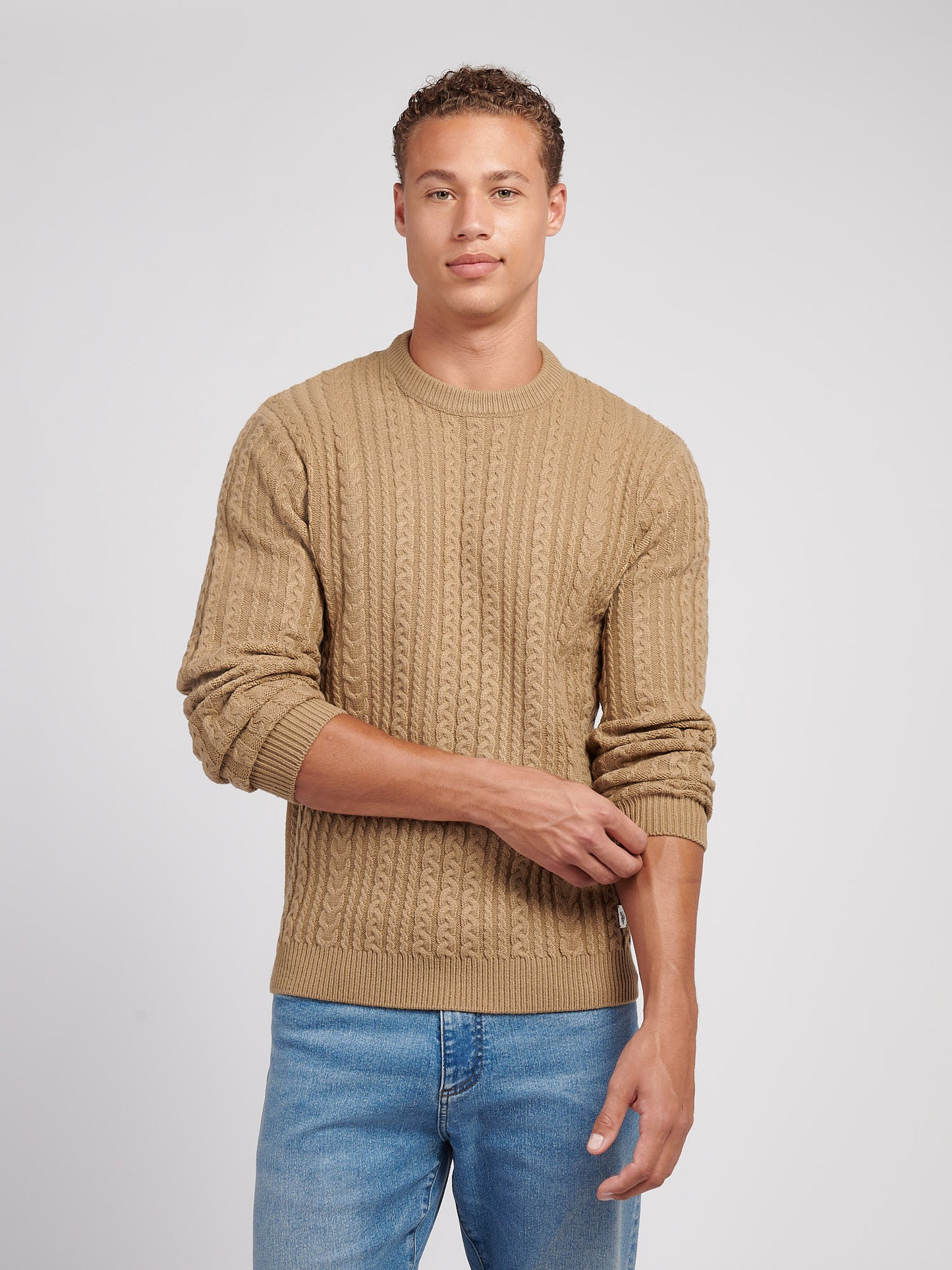 Mens Aran Knit Crew in Greige