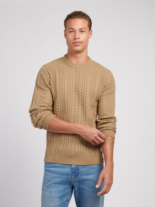 Mens Aran Knit Crew in Greige