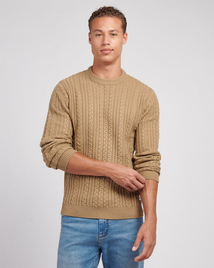 Mens Aran Knit Crew in Greige