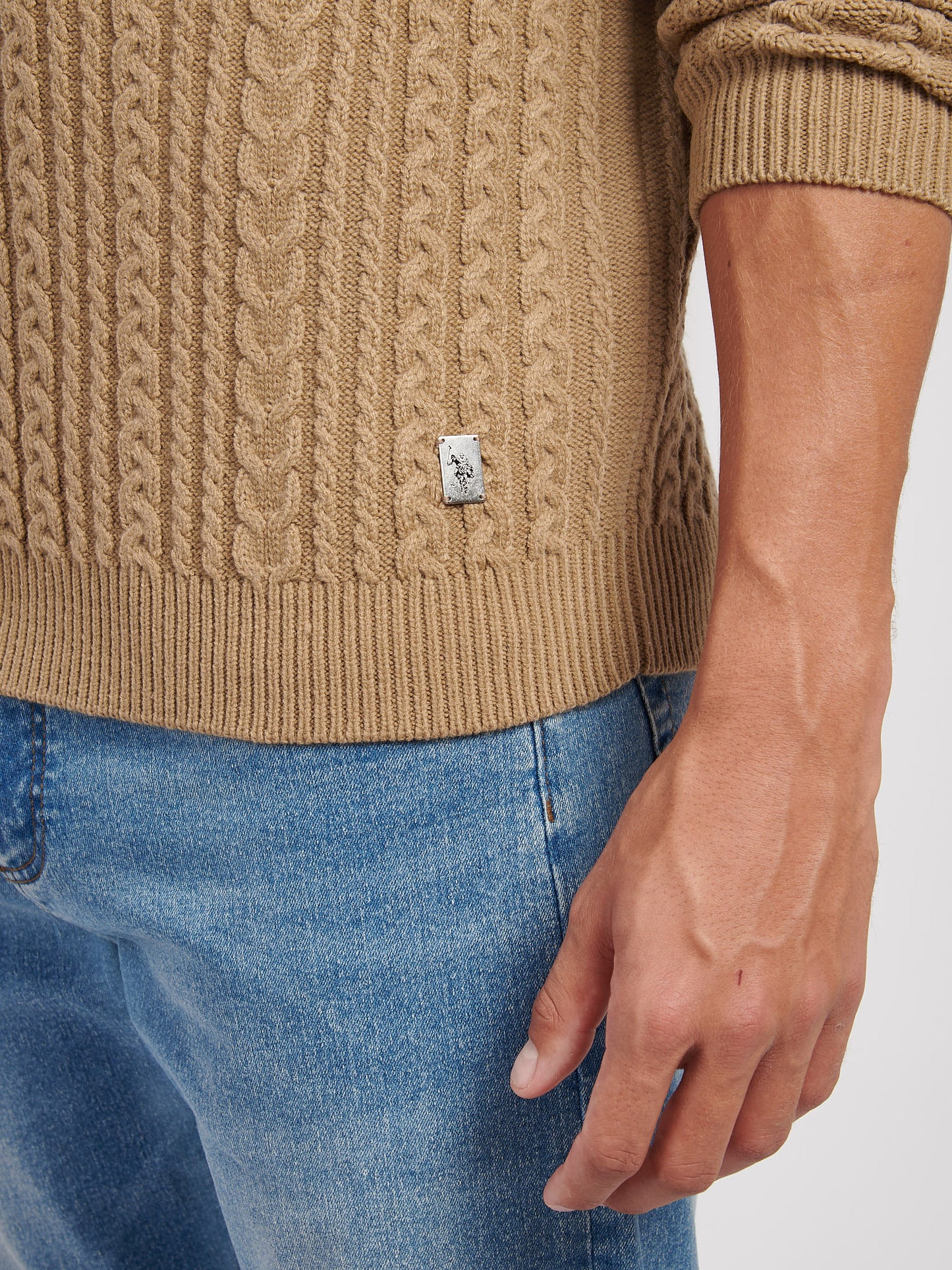 Mens Aran Knit Crew in Greige