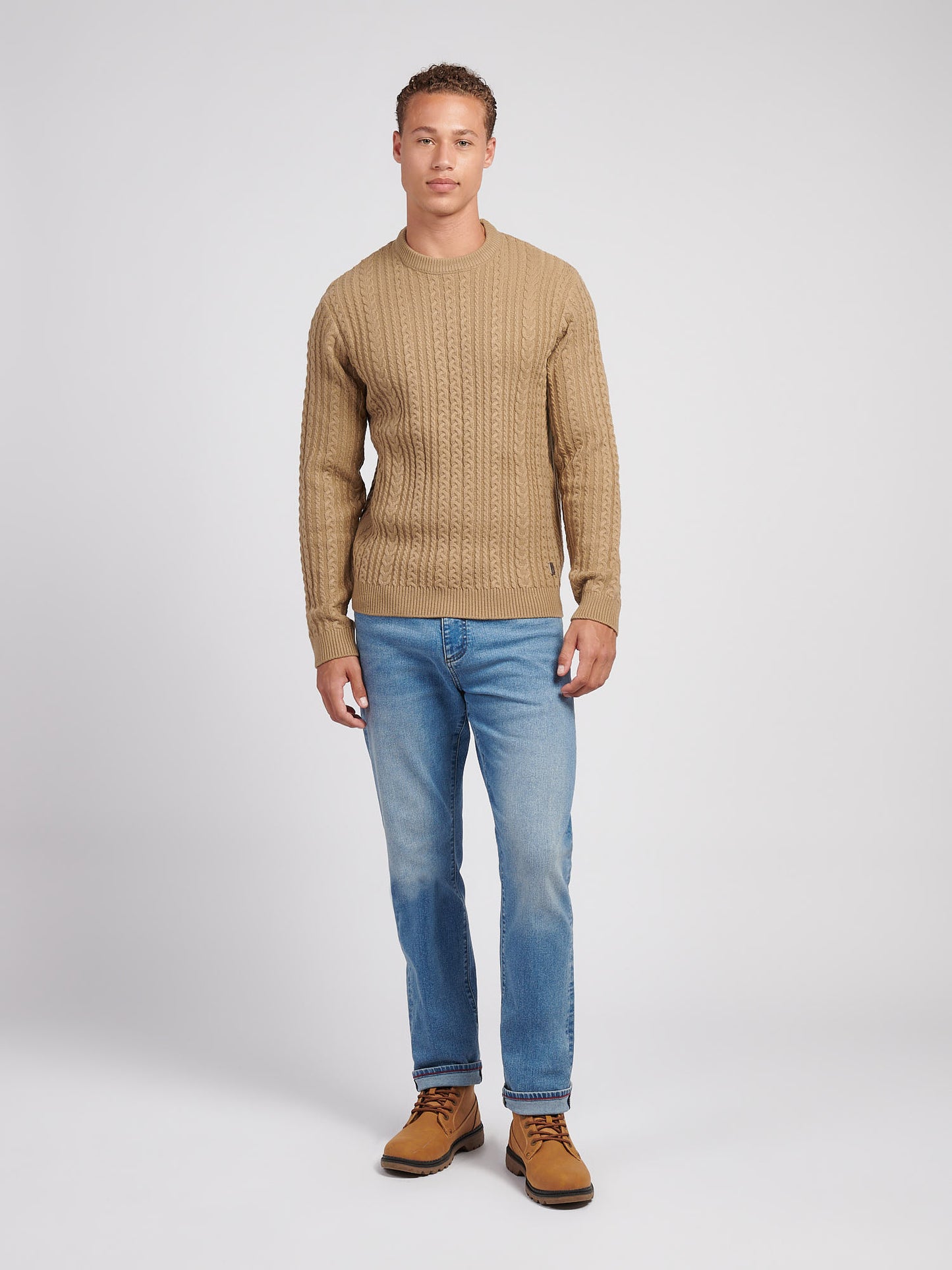 Mens Aran Knit Crew in Greige