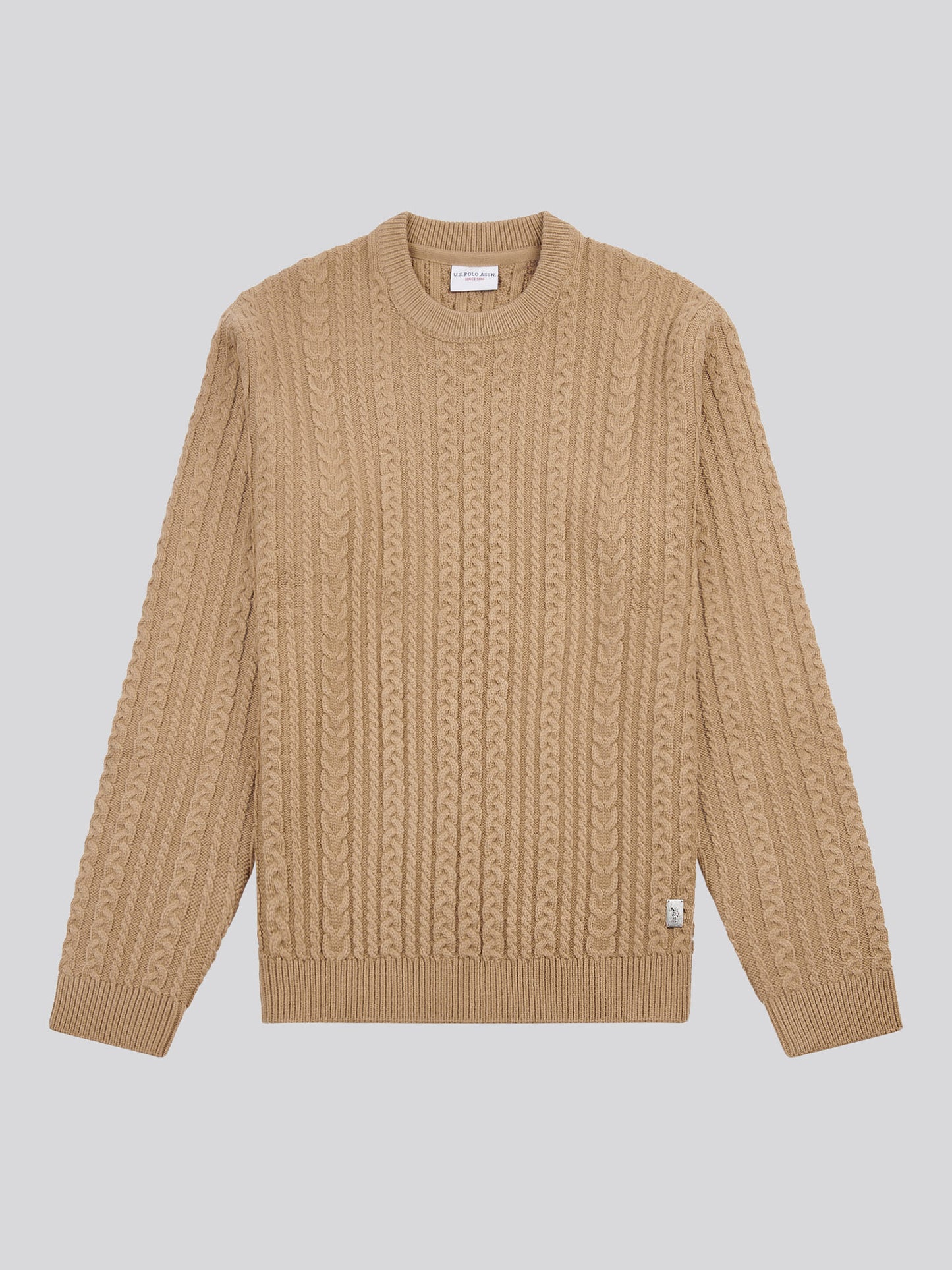 Mens Aran Knit Crew in Greige