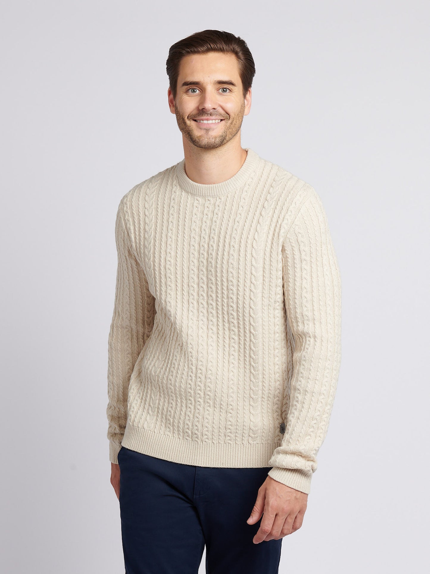 Mens Aran Knit Crew in Birch Marl