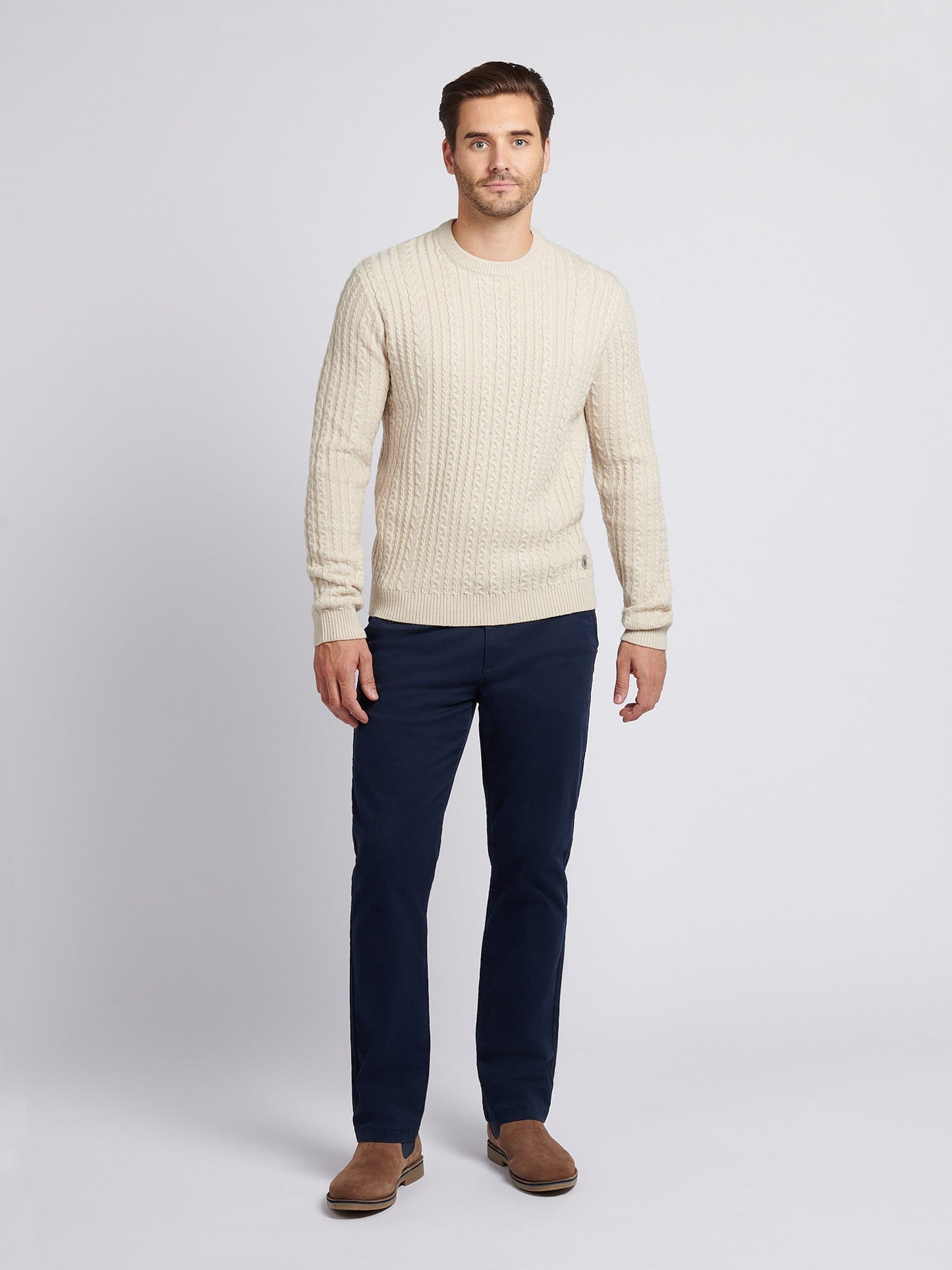 Mens Aran Knit Crew in Birch Marl