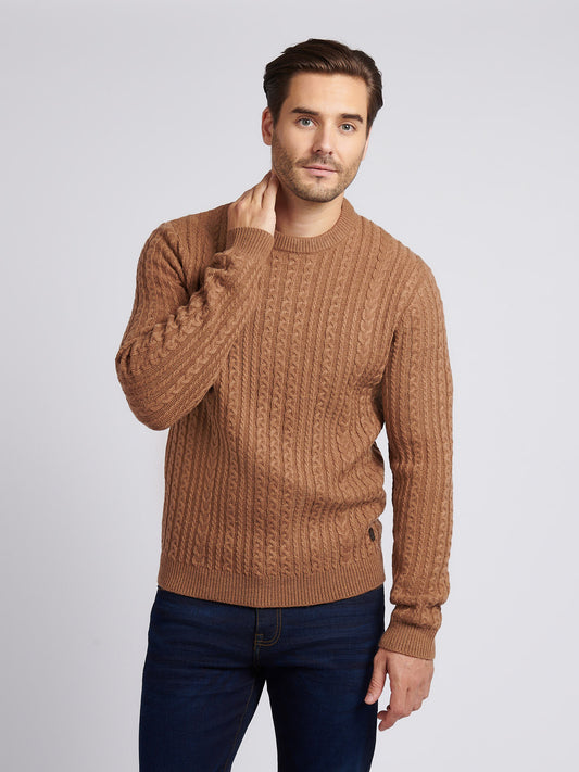 Mens Aran Knit Crew in Rawhide Marl