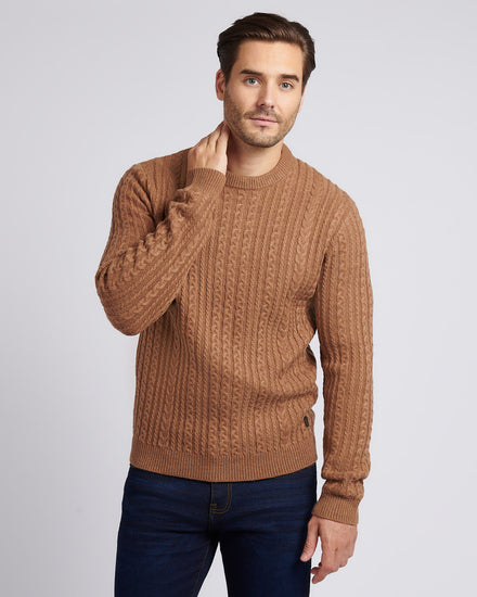 Mens Aran Knit Crew in Rawhide Marl
