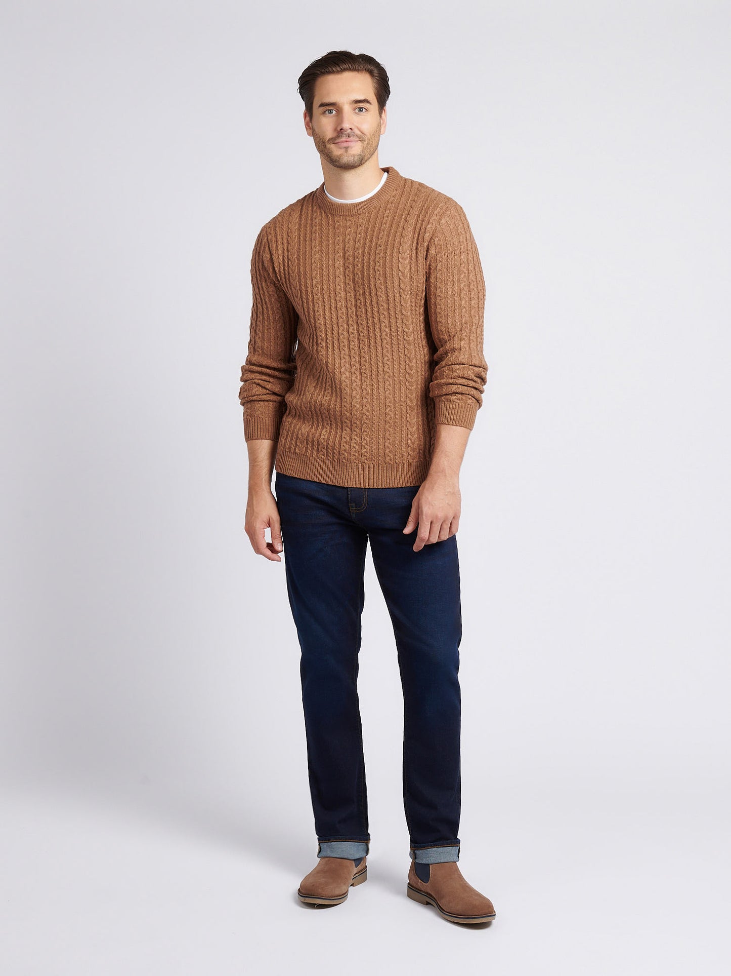 Mens Aran Knit Crew in Rawhide Marl